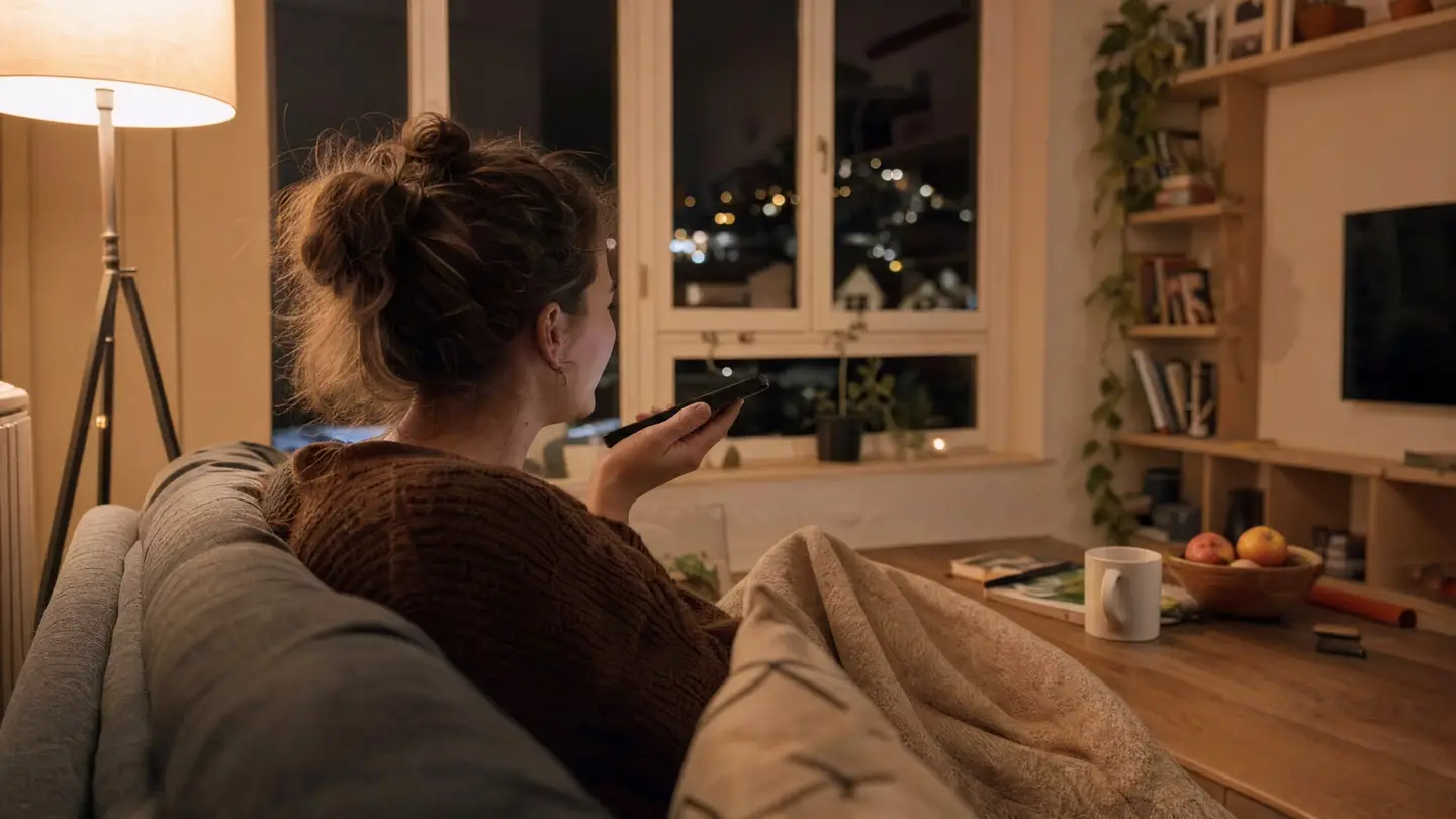 Frau sitzt abends auf dem Sofa und stellt ihrem Handy eine Frage, draussen die Lichter der Kleinstadt
