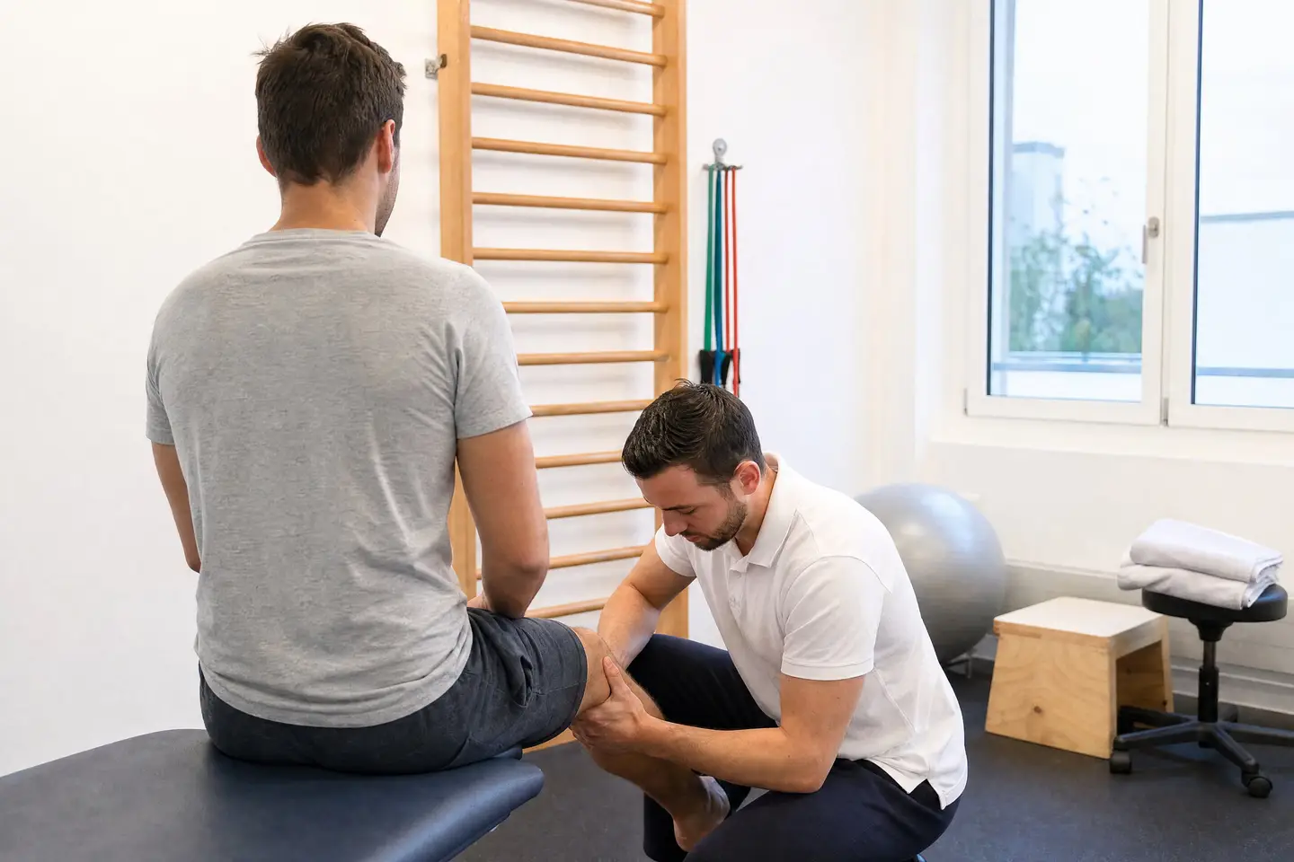 Physiotherapeut hält das Knie eines Patienten, der von hinten zu sehen auf der Behandlungsliege sitzt