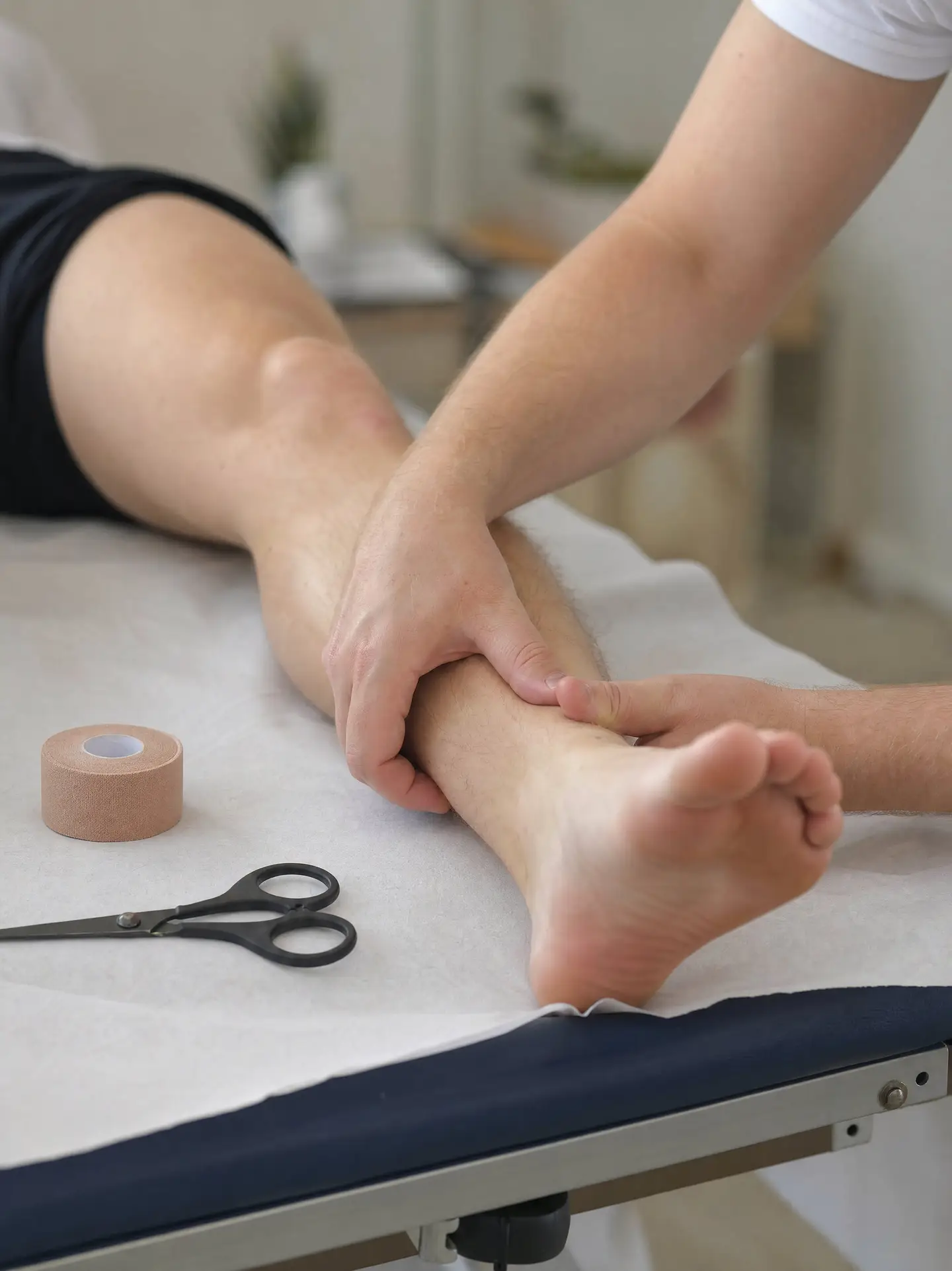 Hände eines Physiotherapeuten untersuchen Unterschenkel und Fussgelenk, daneben Tape und Schere