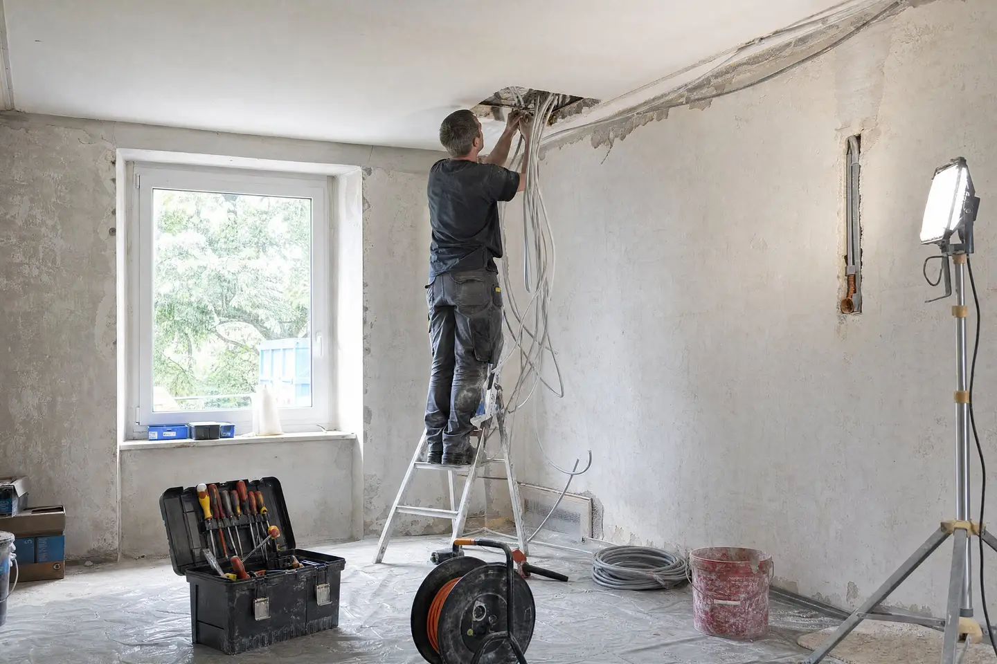 Elektriker auf der Bockleiter zieht in einer Altbauwohnung im Umbau Kabel aus einer Deckendose
