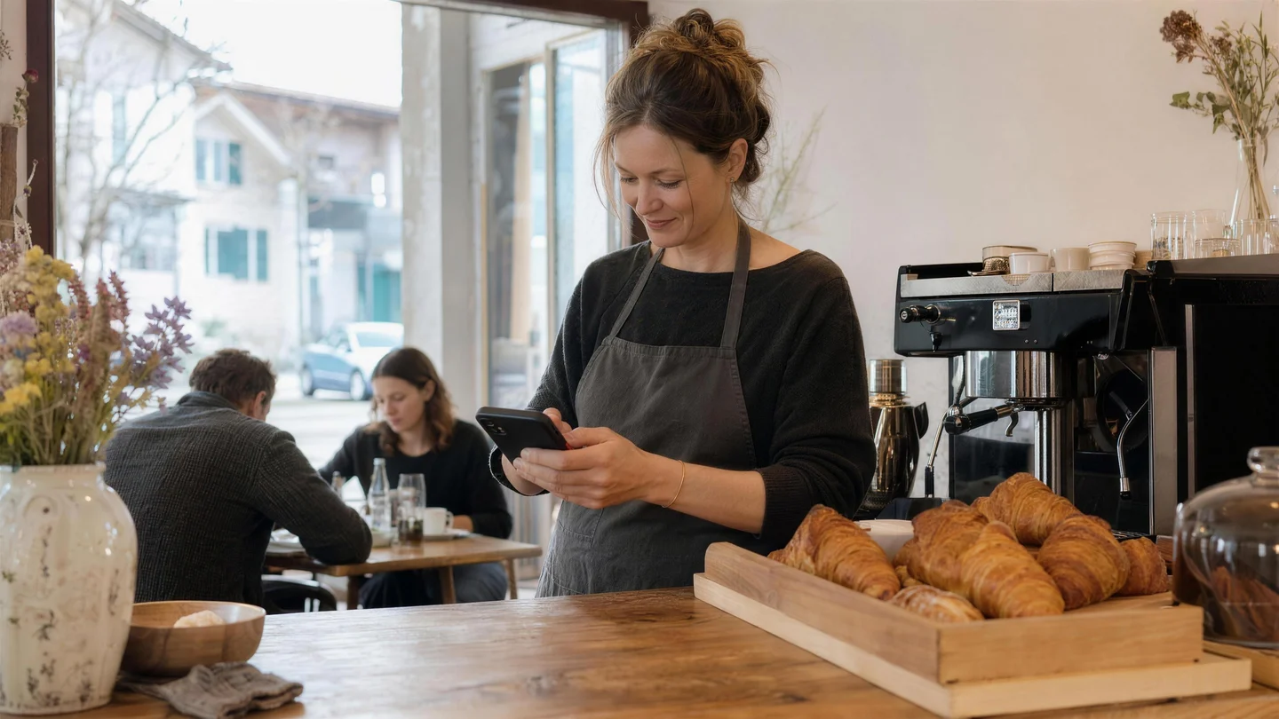 Inhaberin eines kleinen Cafés steht hinter der Holztheke und schaut lächelnd auf ihr Handy, daneben Croissants und die Kaffeemaschine, im Hintergrund zwei Gäste