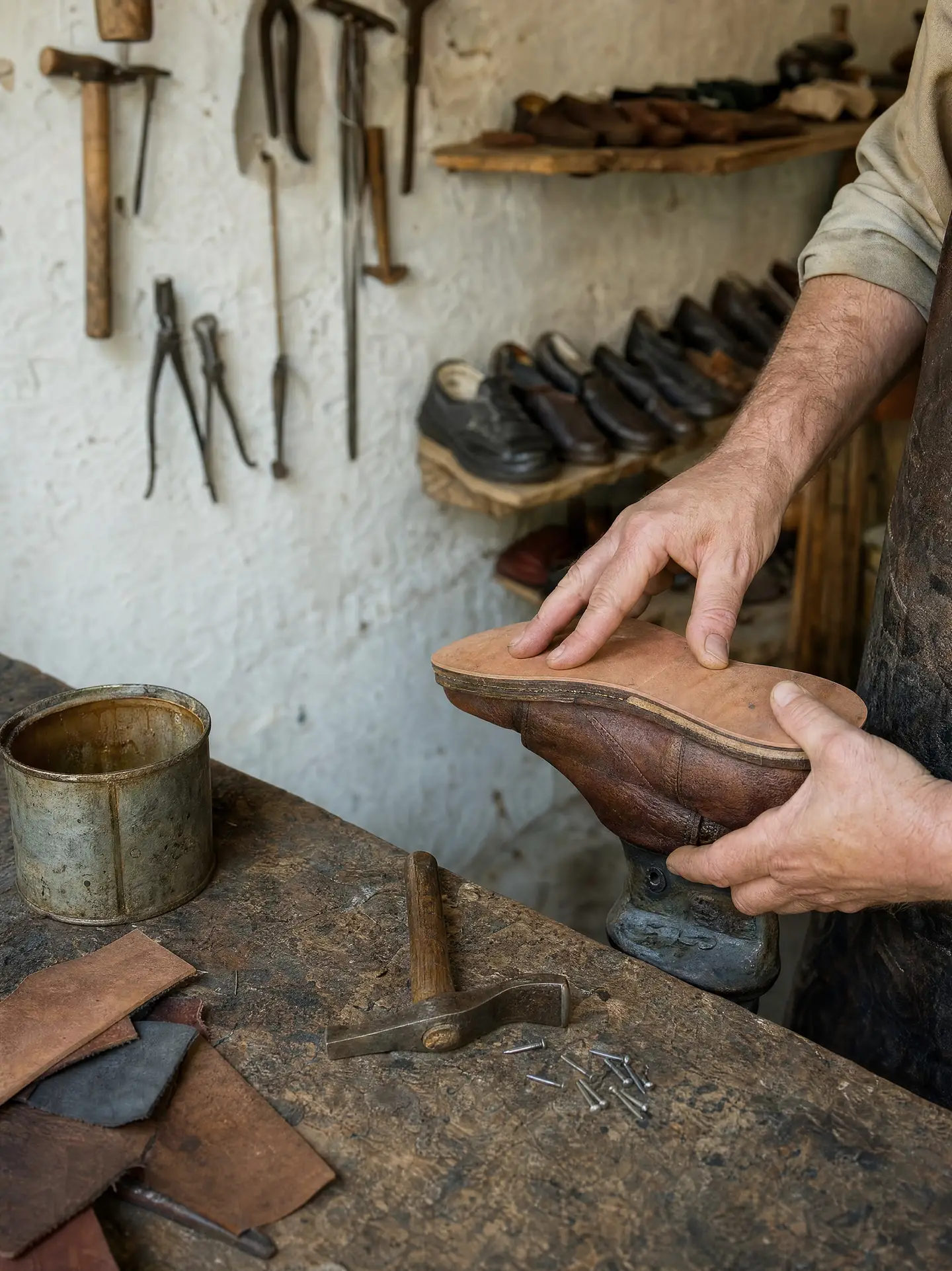 Hände eines Schuhmachers drücken eine neue Ledersohle auf einen braunen Schuh, der kopfüber auf dem Leisten steckt, daneben Hammer und Nägel