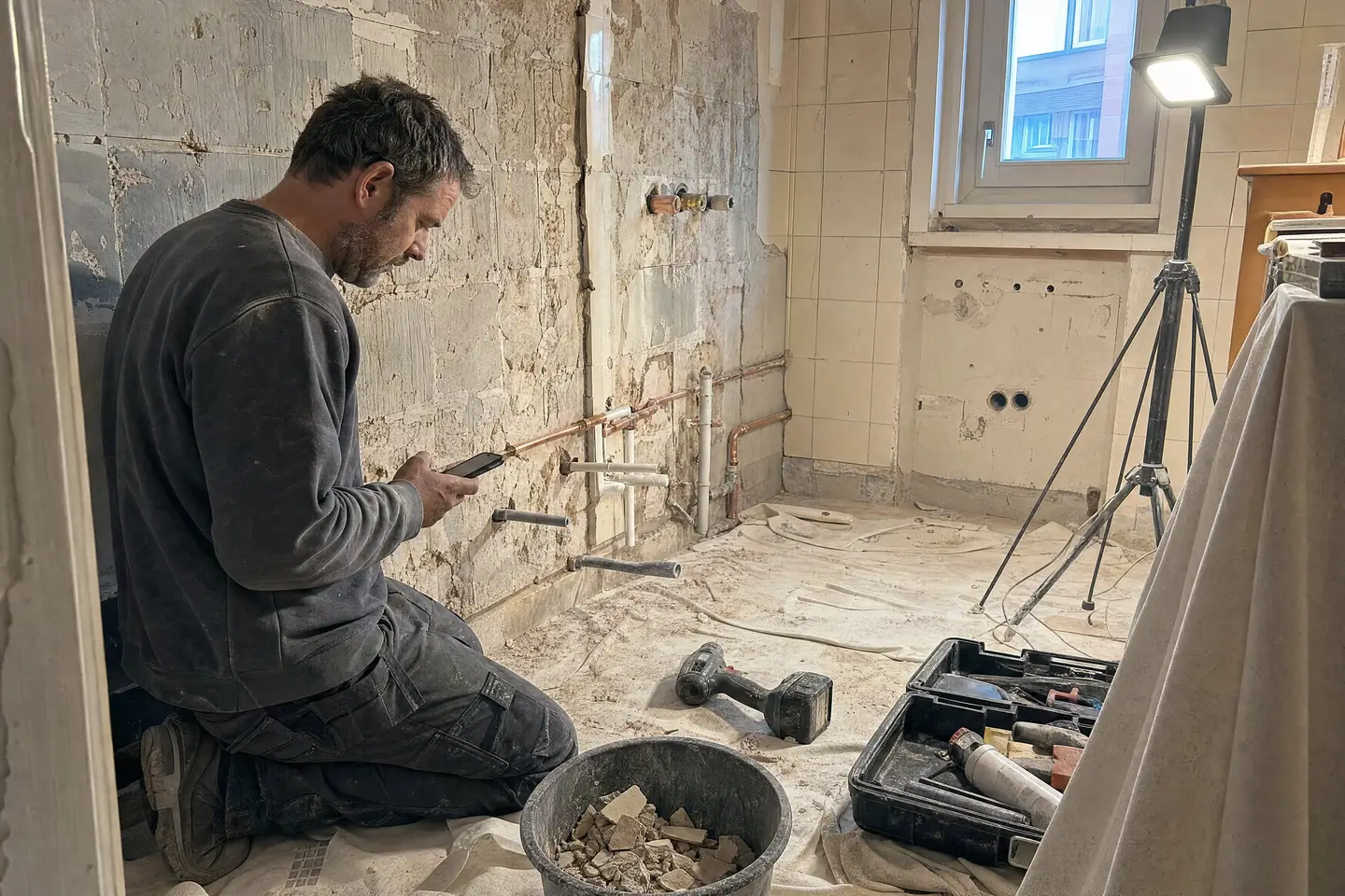 Sanitärinstallateur kniet in einem ausgeräumten Badezimmer zwischen neuen Kupfer- und Kunststoffleitungen und schaut auf sein Handy, daneben Bauschutt, Akkubohrer und Werkzeugkiste
