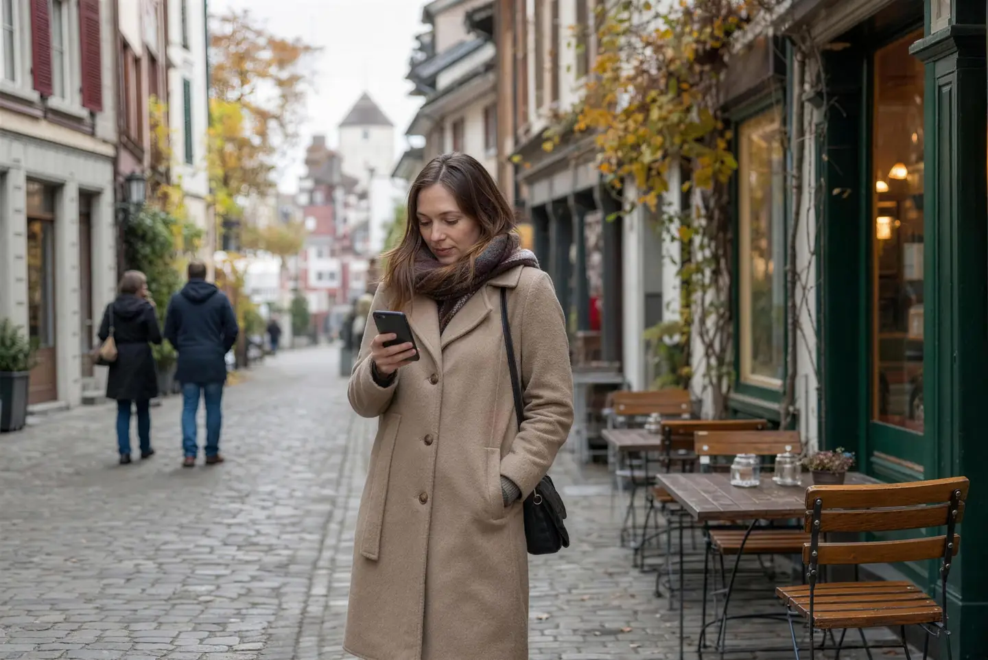 Frau im Wollmantel steht über Mittag in einer Altstadtgasse vor den Tischen einer Beiz und schaut auf ihr Handy