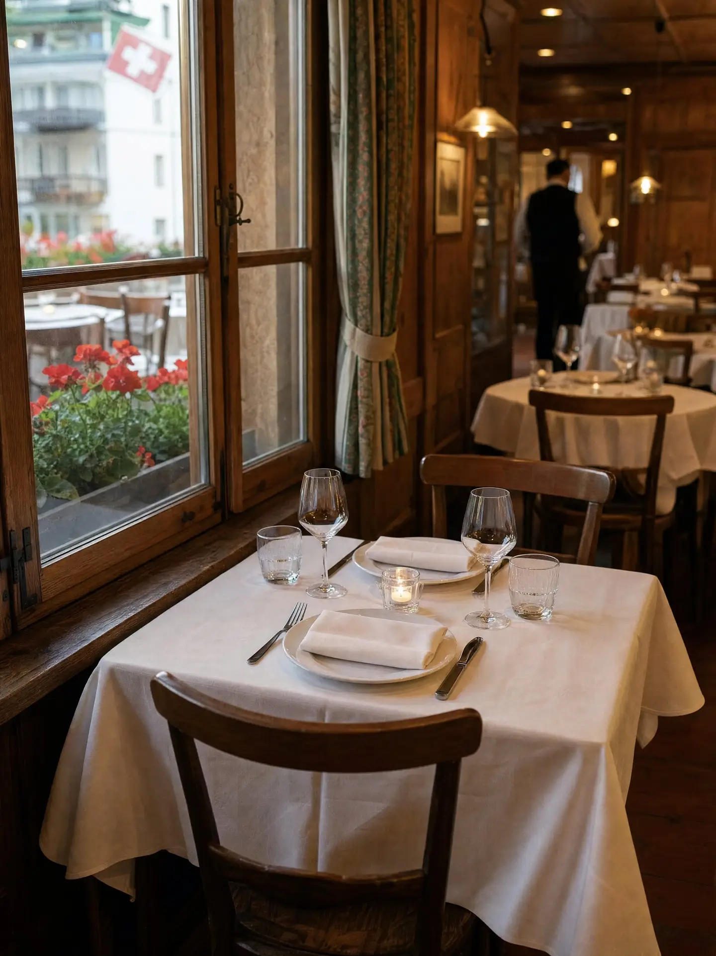 Gedeckter Zweiertisch am Fenster mit weissem Tischtuch und Windlicht in einer holzgetäferten Gaststube vor dem Abendservice